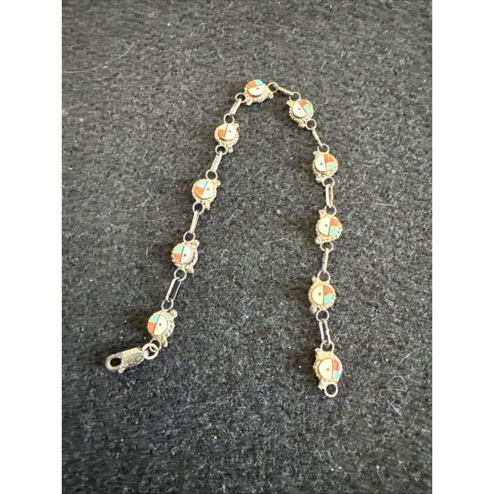Zuni Sunface sterling silver link bracelet 8" Vintage Mop Coral Turquoise Handma